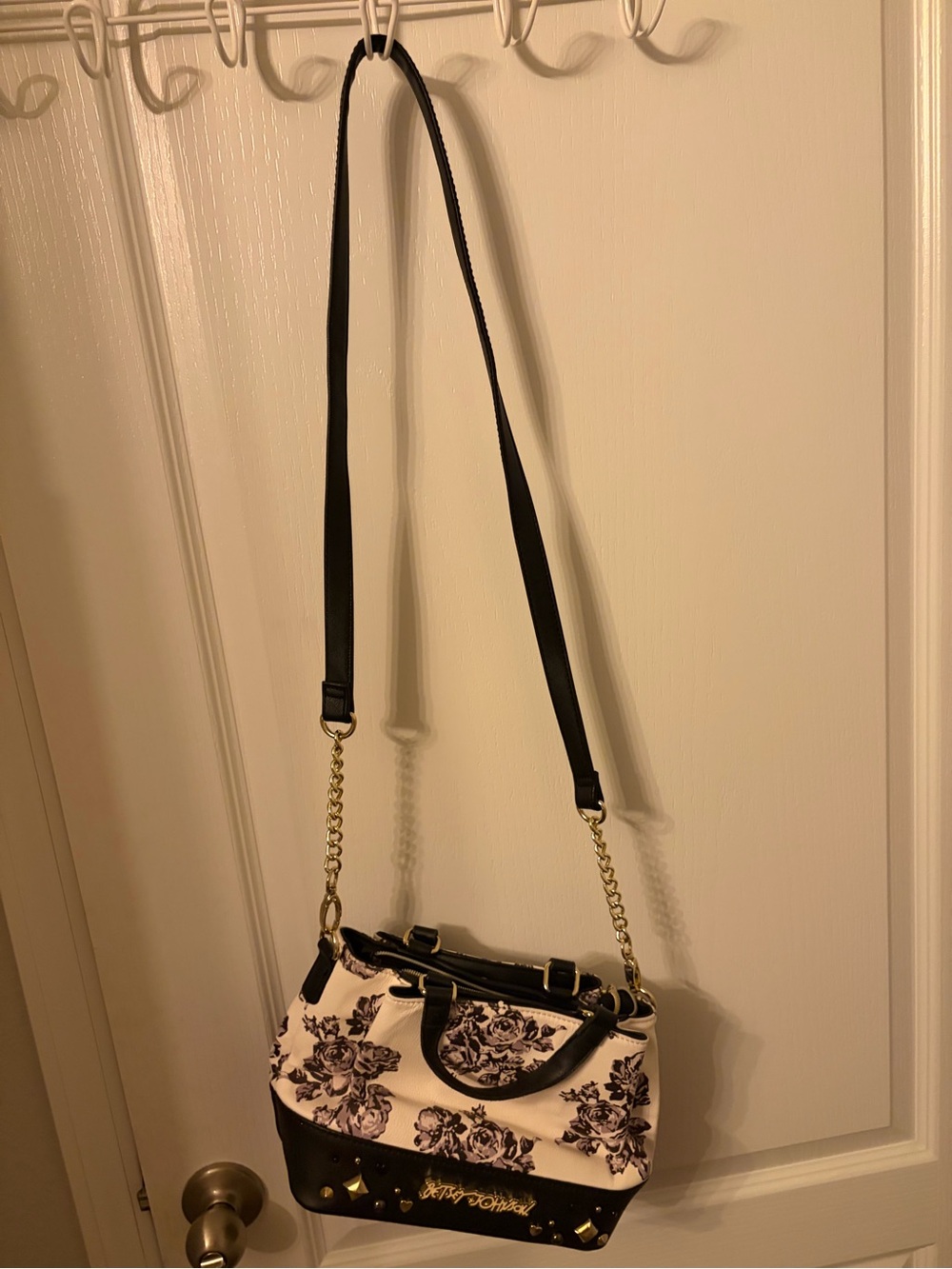 Betsey Johnson Black & White Floral Shoulder Bag with Gold Accents